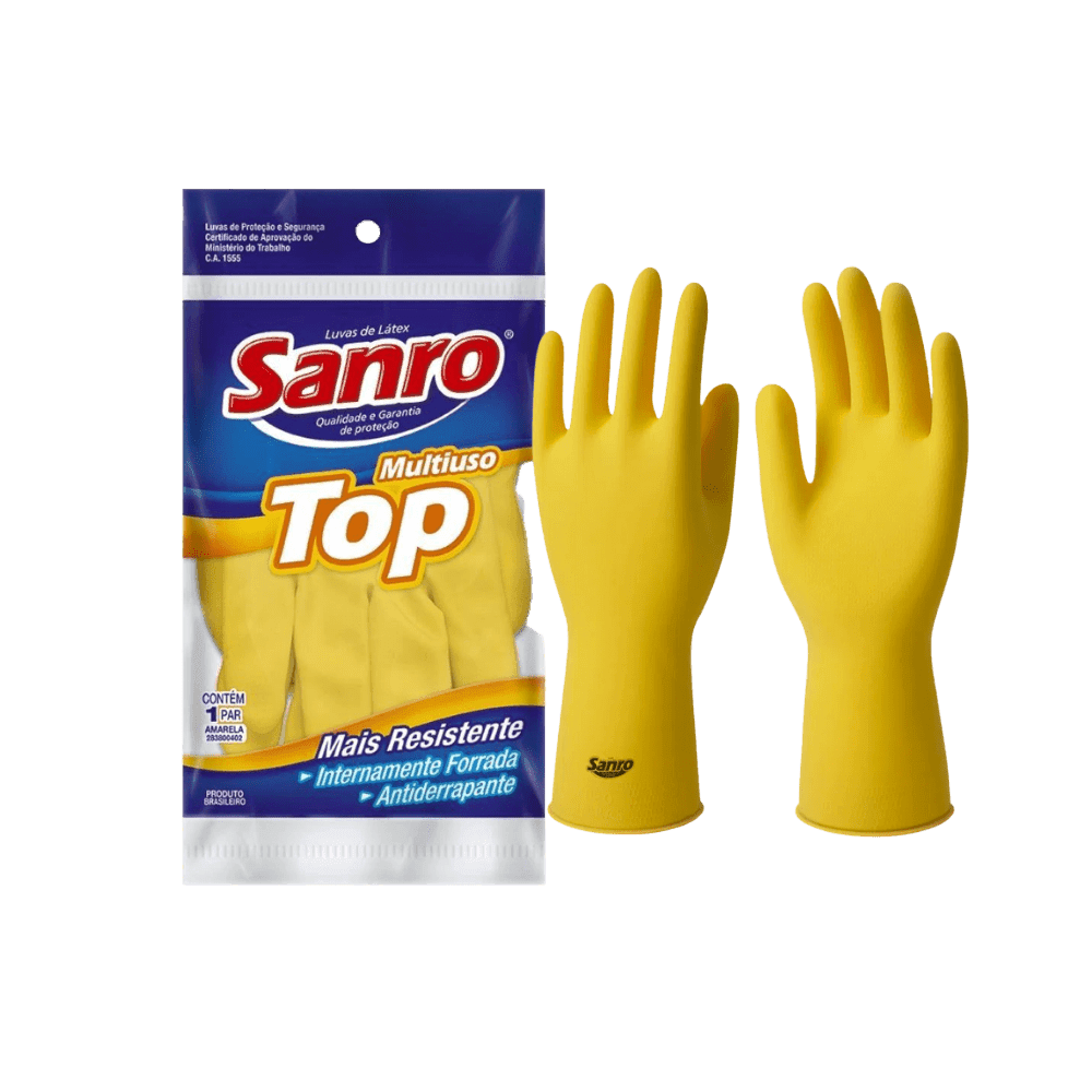 Produto Luva de Látex Amarela M Sanro Top CA 40044 Proteção Química e Mecânica