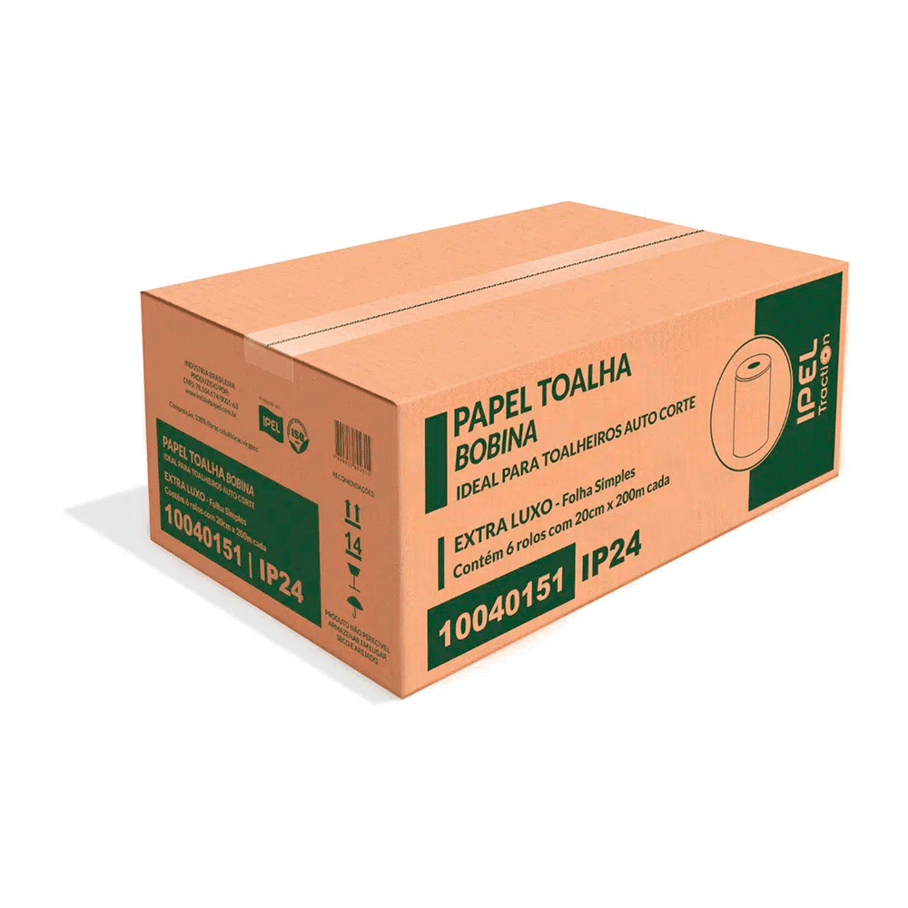Produto Papel Toalha Bobina 100% Celulose Ipel 6 rolos de 200m 24gr